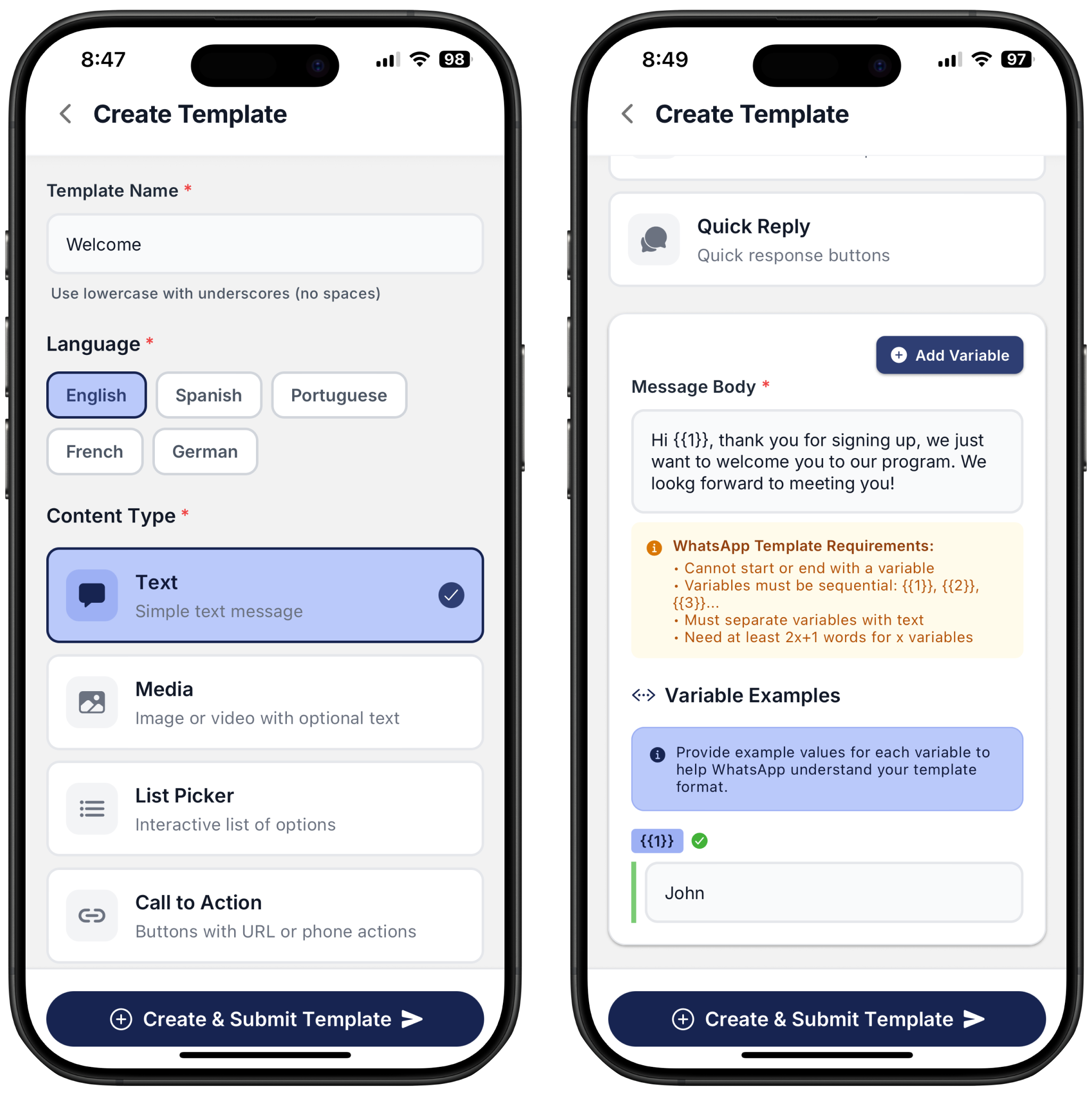 two screenshots on how to create a Text type of content on Ringo