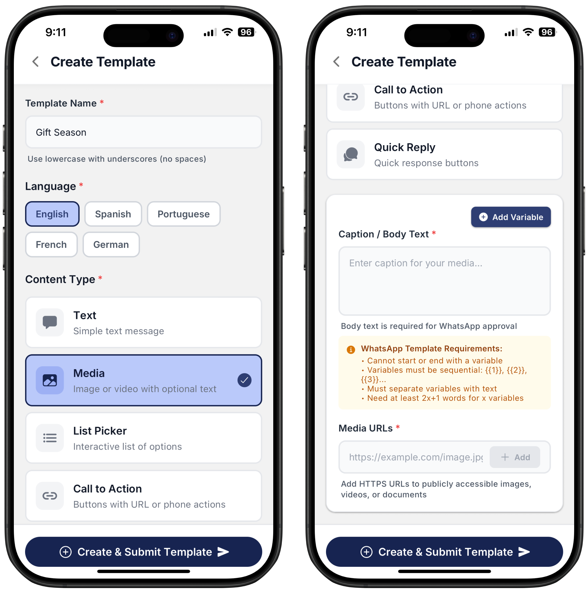 two screenshots on how to create a Media type of content on Ringo