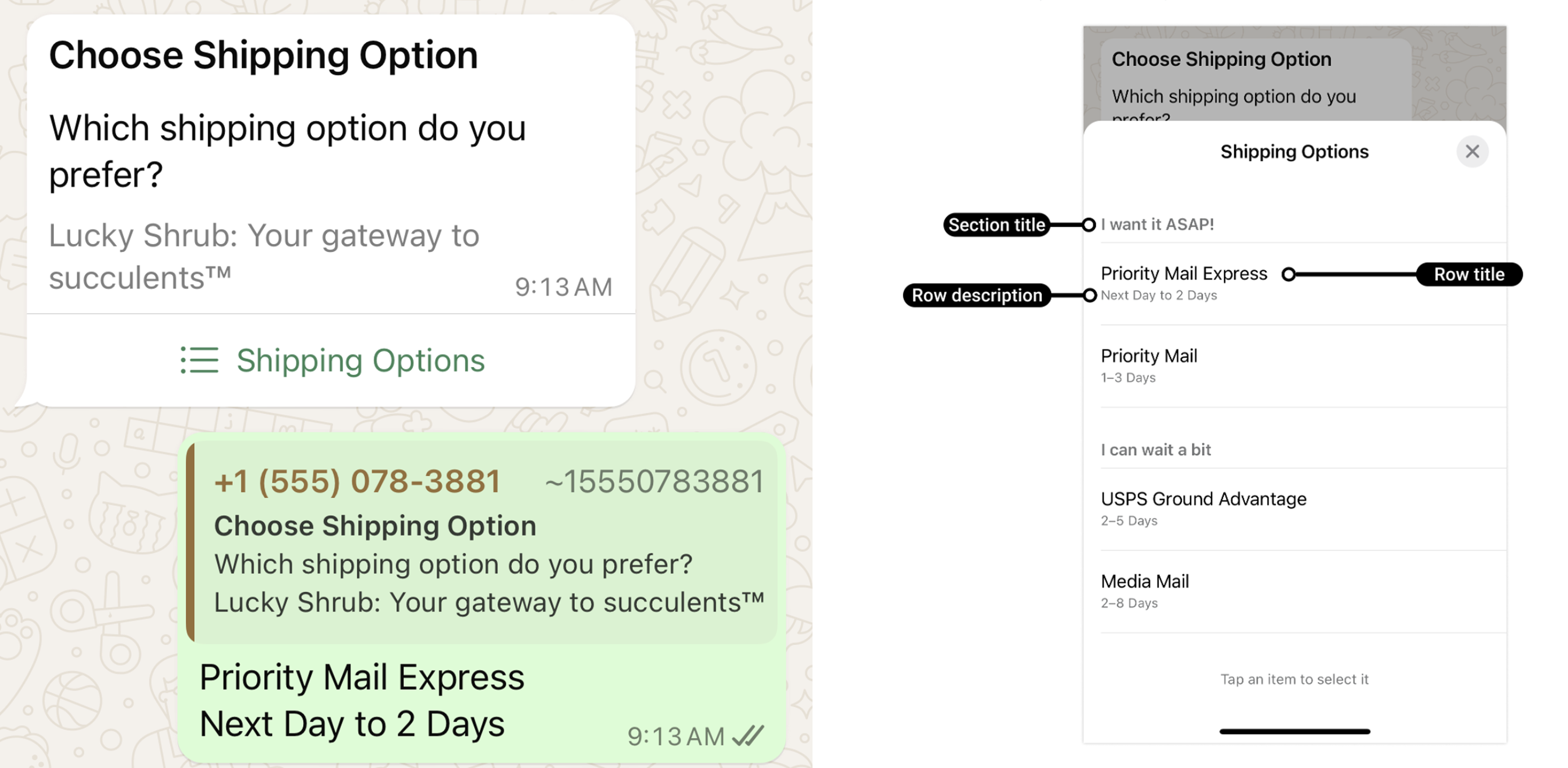 screenshots on how List Picker type of content shows on WhatsApp chat