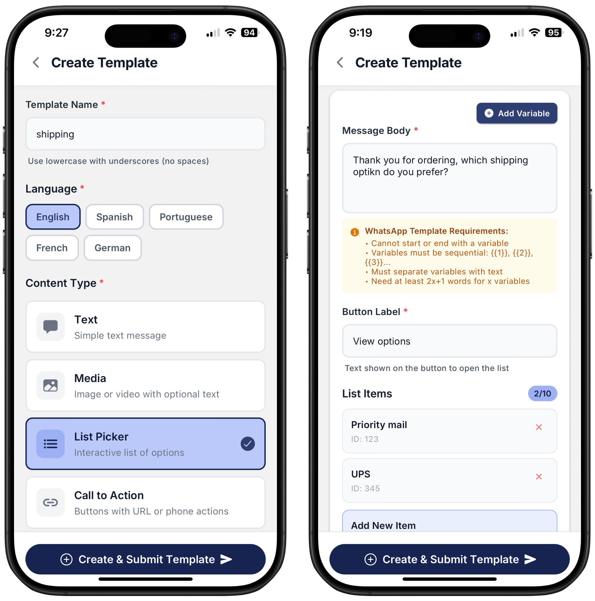 two screenshots on how to create a List Picker type of content on Ringo