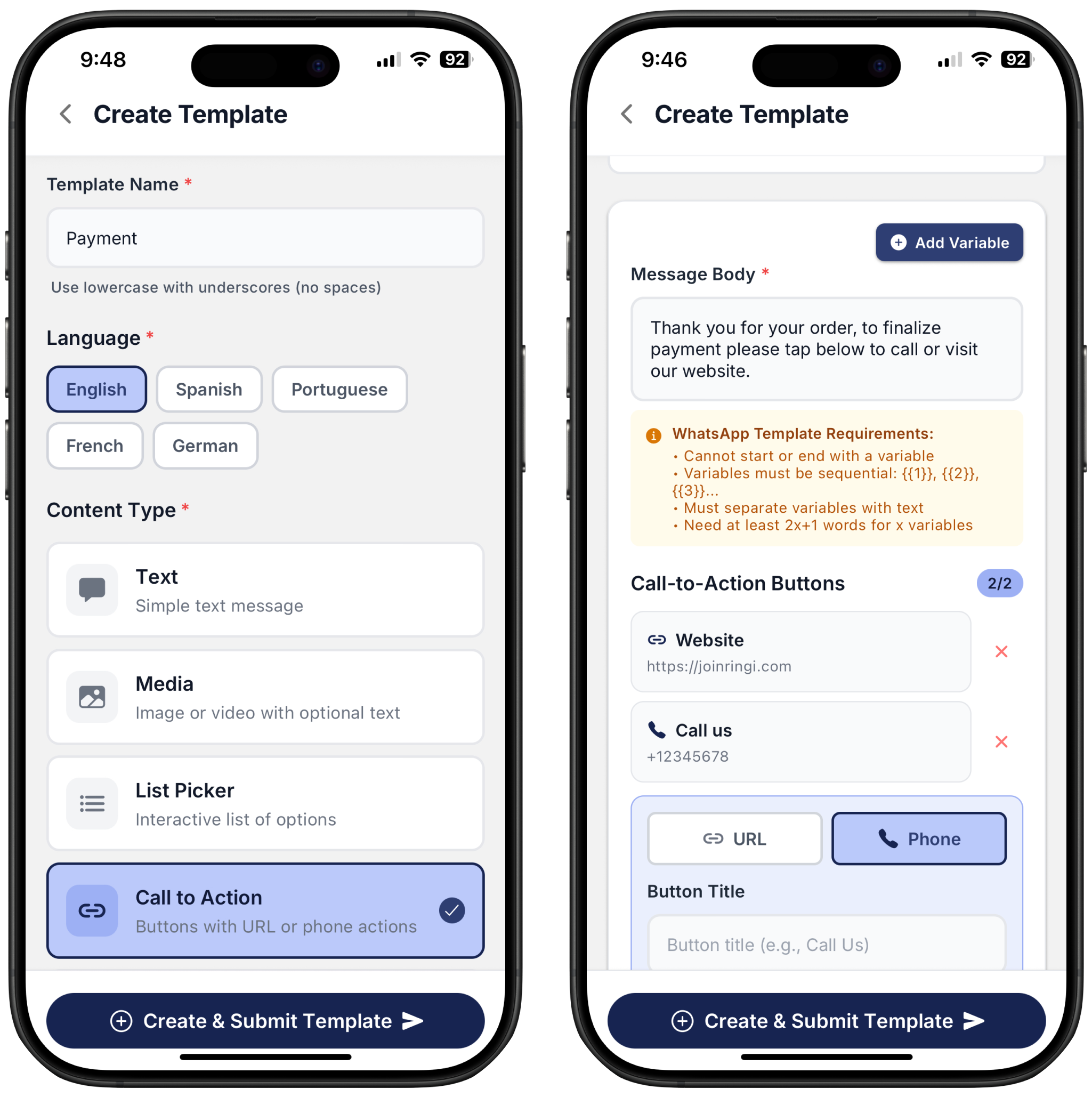 two screenshots on how to create a Call to Action type of content on Ringo