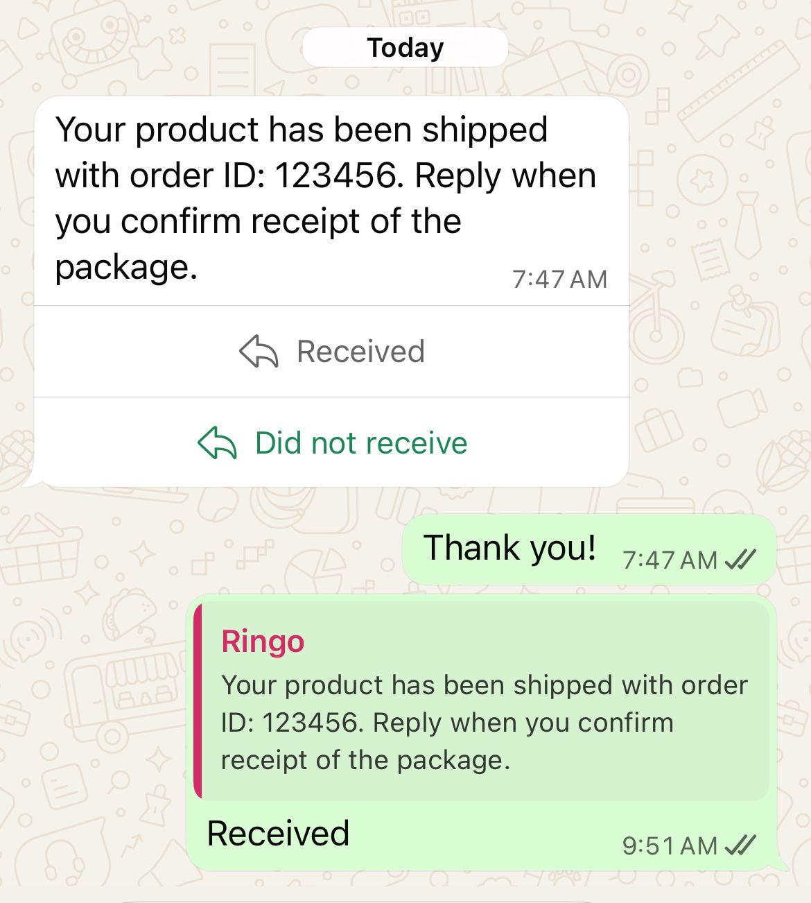 Screenshot on how a quick reply type of message shows on WhatsApp chat