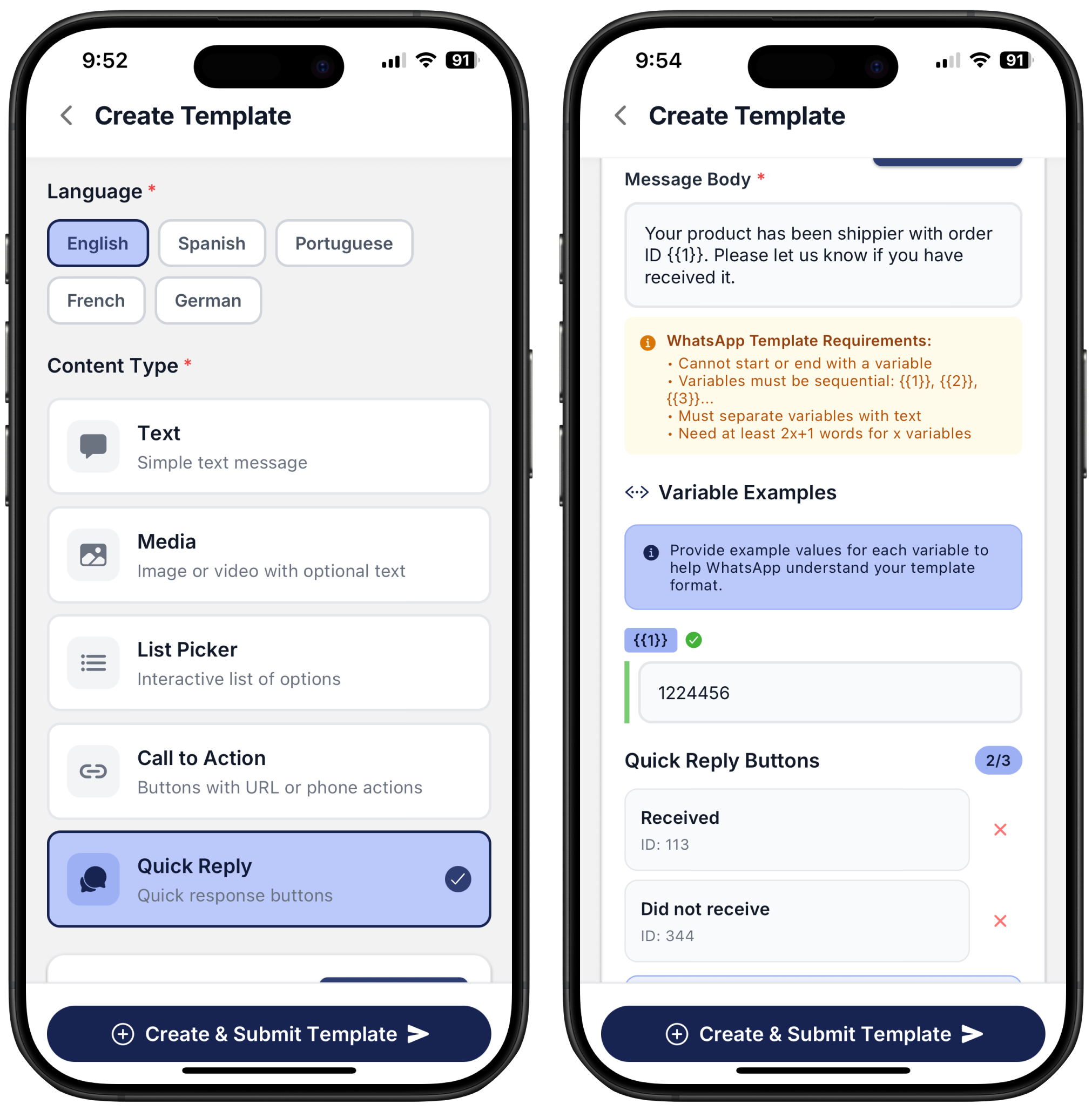 two screenshots on how to create a Quick Template type of content on Ringo