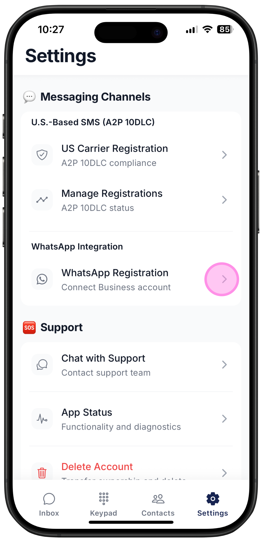 screenshot on how to access WhatsApp registration on Ringo