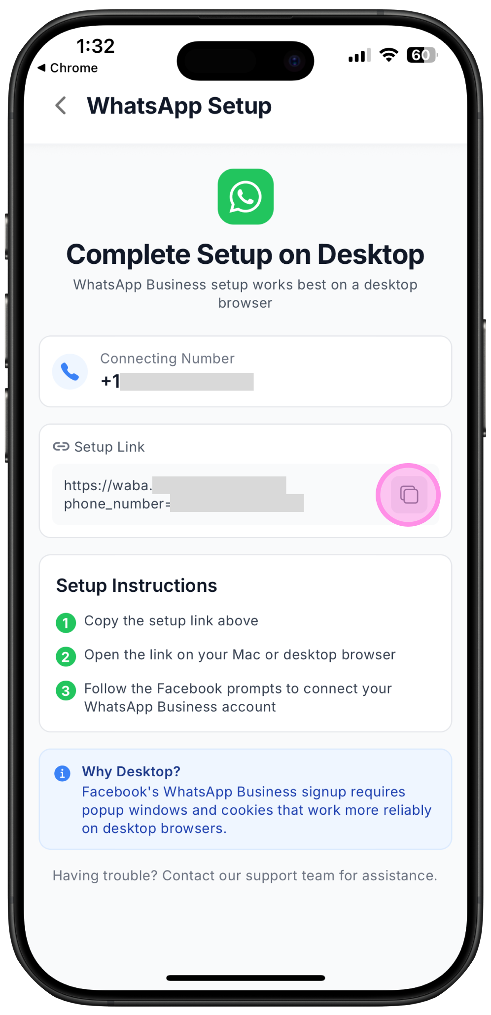 screenshot on how to copy link to start WhatsApp setup