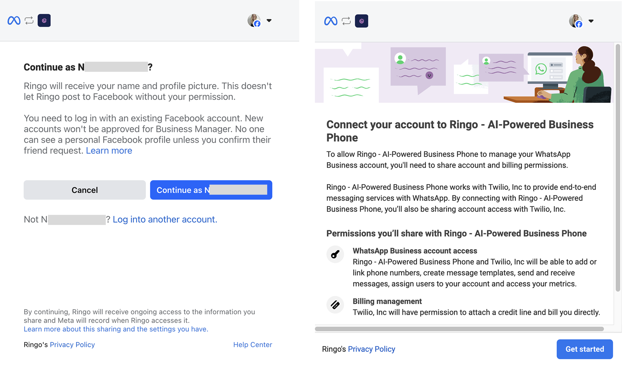 Screenshot on how to connect Meta to Ringo