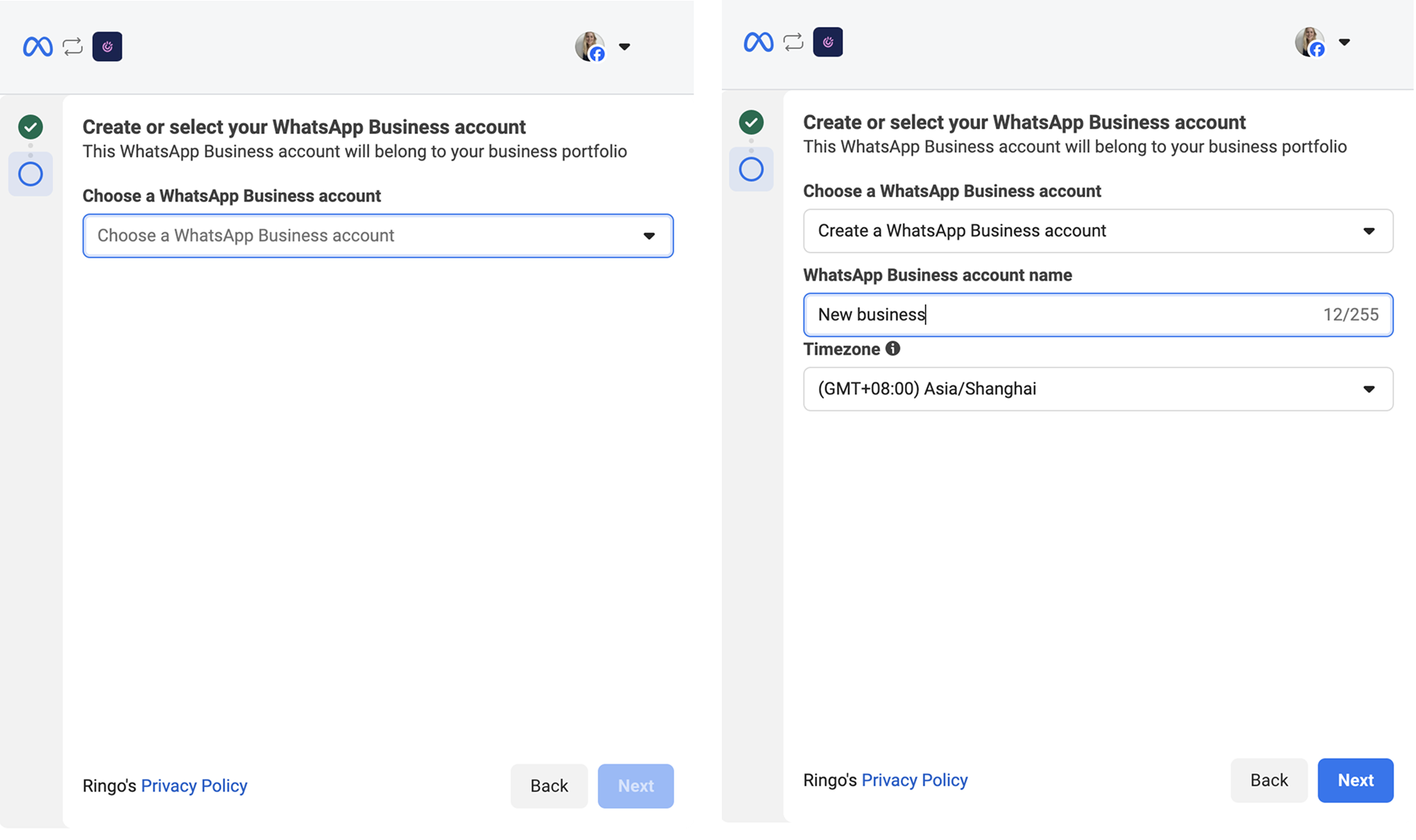Screenshot on how to connect Meta business account to Ringo