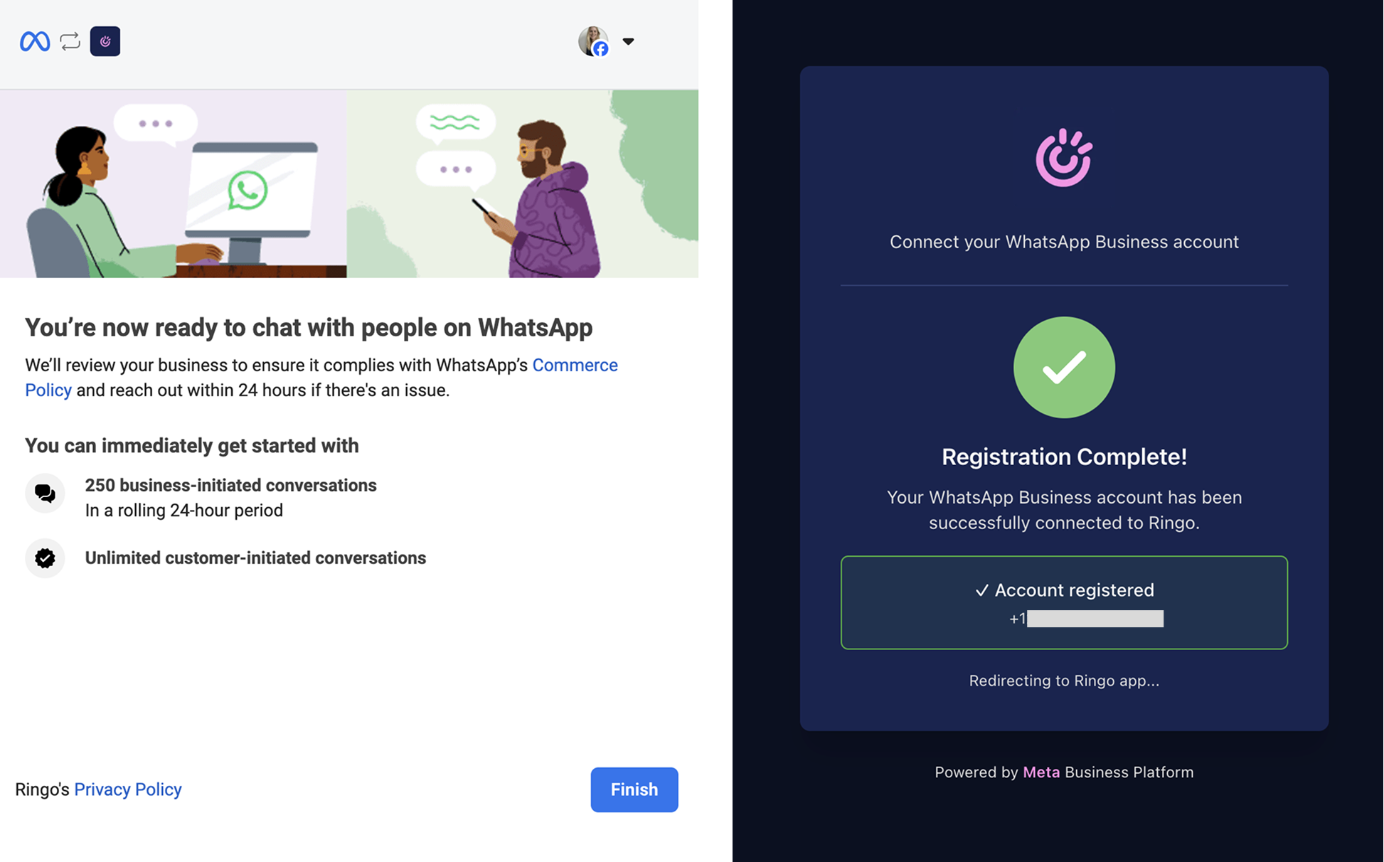 screenshots on how to complete Meta WhatsApp registration with Ringo